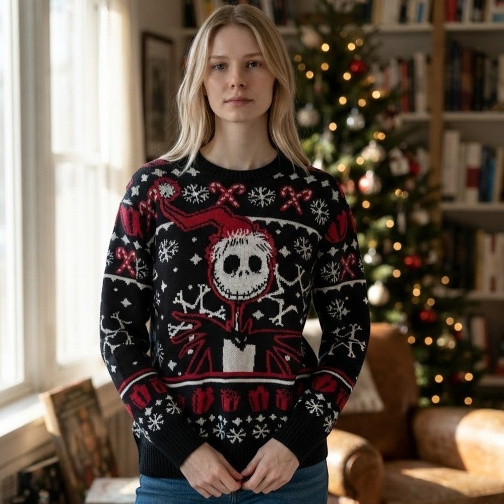 Disney Nightmare Before Christmas Jack Skellington Holiday Sweater XL Black Emo